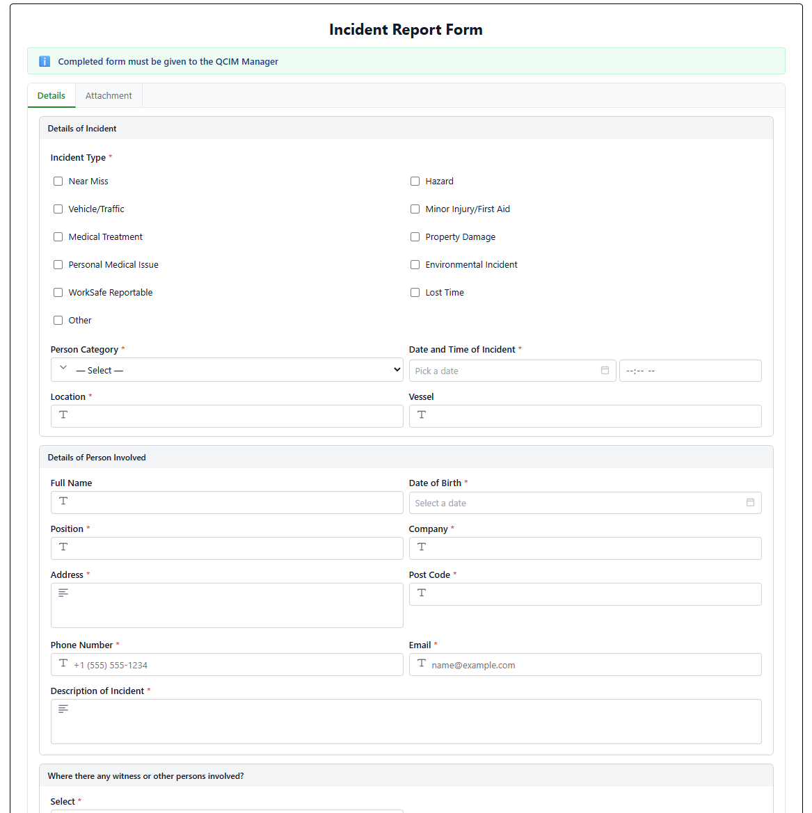 A custom incident report form with incident-type checkboxes, person details and a description field, ready to fill in