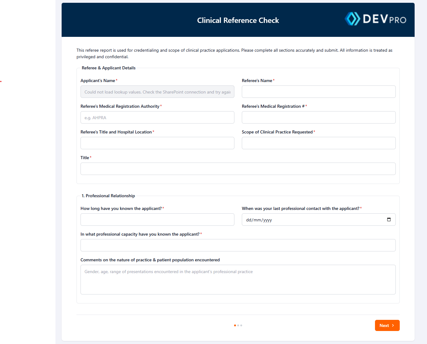 A public Clinical Reference Check form, built by drag and drop, that writes responses straight into a SharePoint list