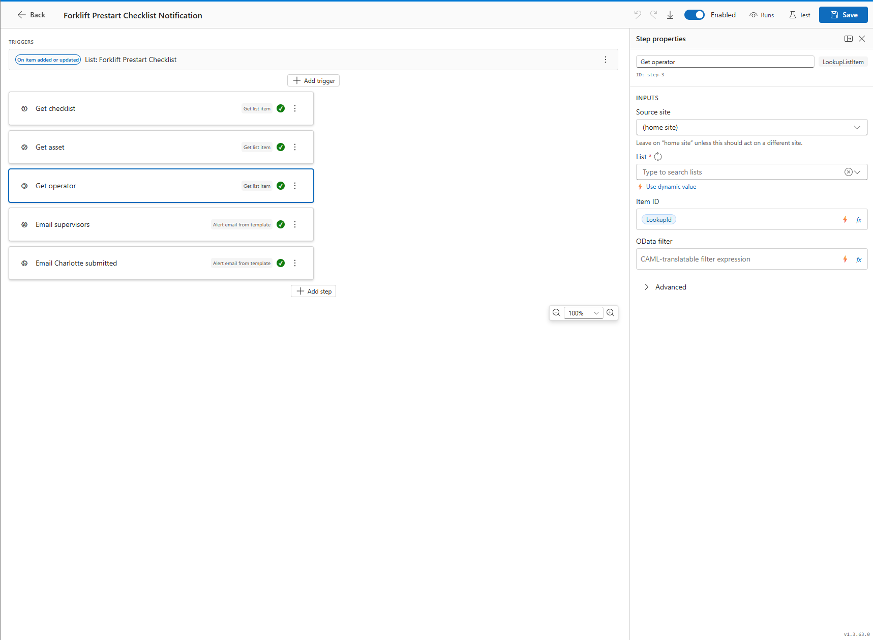 A Certify workflow for a forklift prestart checklist: steps to look up the checklist, asset and operator, then email supervisors when one is submitted, giving full visibility over notifications